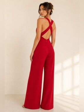 Lulus Statement Red Open Back Wide Leg Jumpsuit Criss Cross Straps Sz XS